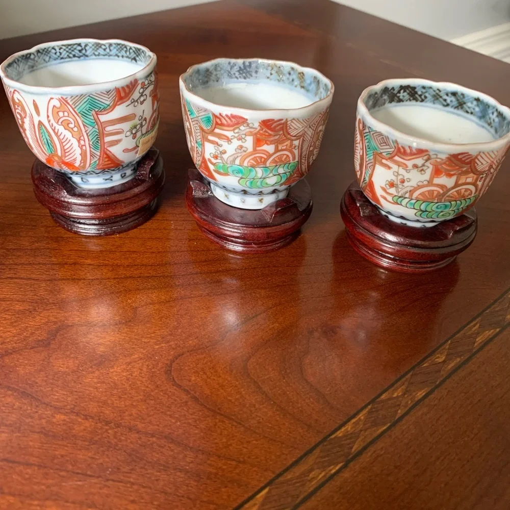 Vintage Asian Tea/Saki Cups Set with Wooden Display Holders
